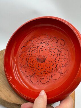 Japanese Round Plate Bowl Murakami Tsuisyu Wooden Laquerware Carvings Floral Art